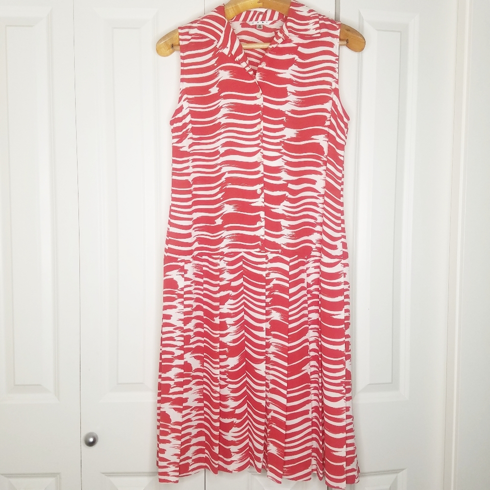 CABI Brushstrokes Red White Pleated Midi Dress M
